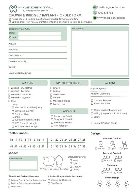 Cover of MAG Dental Lab Sheet